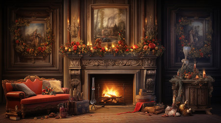 Experience the warmth and joy of the holiday season in this vivid and lifelike vintage oil painting. Step into a festively adorned living room from the 1750s, complete with a crackling fireplace, cozy sofa, and meticulously crafted artificial snow gently falling. Let the vintage color grades transport you to a bygone era filled with holiday spirit.の素材