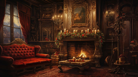 Experience the warmth and joy of the holiday season in this vivid and lifelike vintage oil painting. Step into a festively adorned living room from the 1750s, complete with a crackling fireplace, cozy sofa, and meticulously crafted artificial snow gently falling. Let the vintage color grades transport you to a bygone era filled with holiday spirit.の素材
