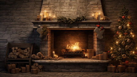 Experience the warmth and magic of the holiday season with this mesmerizing photograph of a beautifully adorned old fireplace. Delicate Christmas decorations, flickering candles, sparkling tinsel, natural pine cones, and lush fir branches create a cozy ambiance that will transport you to a winter wonderlandの素材