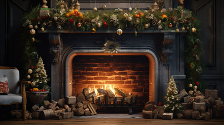 Experience the warmth and magic of the holiday season with this mesmerizing photograph of a beautifully adorned old fireplace. Delicate Christmas decorations, flickering candles, sparkling tinsel, natural pine cones, and lush fir branches create a cozy ambiance that will transport you to a winter wonderlandの素材