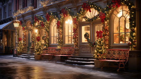 Step into a winter wonderland as you explore the enchanting streets of 1820s New York City during the festive Christmas season. Immerse yourself in the timeless charm of delicate snowflakes, shimmering icicles, and joy-filled people wrapped in holiday cheer. Let the warm glow of candle lamps and exquisite red and gold decorations transport you to a bygone era filled with holiday magic.の素材