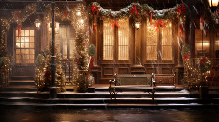 Step into a winter wonderland as you explore the enchanting streets of 1820s New York City during the festive Christmas season. Immerse yourself in the timeless charm of delicate snowflakes, shimmering icicles, and joy-filled people wrapped in holiday cheer. Let the warm glow of candle lamps and exquisite red and gold decorations transport you to a bygone era filled with holiday magic.の素材