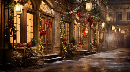 Step into a winter wonderland as you explore the enchanting streets of 1820s New York City during the festive Christmas season. Immerse yourself in the timeless charm of delicate snowflakes, shimmering icicles, and joy-filled people wrapped in holiday cheer. Let the warm glow of candle lamps and exquisite red and gold decorations transport you to a bygone era filled with holiday magic.の素材