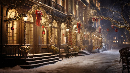 Step into a winter wonderland as you explore the enchanting streets of 1820s New York City during the festive Christmas season. Immerse yourself in the timeless charm of delicate snowflakes, shimmering icicles, and joy-filled people wrapped in holiday cheer. Let the warm glow of candle lamps and exquisite red and gold decorations transport you to a bygone era filled with holiday magic.の素材