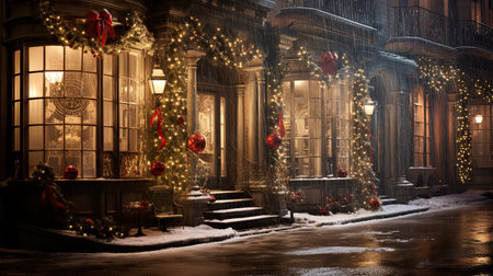 Step into a winter wonderland as you explore the enchanting streets of 1820s New York City during the festive Christmas season. Immerse yourself in the timeless charm of delicate snowflakes, shimmering icicles, and joy-filled people wrapped in holiday cheer. Let the warm glow of candle lamps and exquisite red and gold decorations transport you to a bygone era filled with holiday magic.の素材