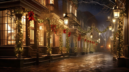 Step into a winter wonderland as you explore the enchanting streets of 1820s New York City during the festive Christmas season. Immerse yourself in the timeless charm of delicate snowflakes, shimmering icicles, and joy-filled people wrapped in holiday cheer. Let the warm glow of candle lamps and exquisite red and gold decorations transport you to a bygone era filled with holiday magic.の素材
