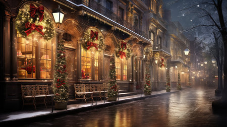 Step into a winter wonderland as you explore the enchanting streets of 1820s New York City during the festive Christmas season. Immerse yourself in the timeless charm of delicate snowflakes, shimmering icicles, and joy-filled people wrapped in holiday cheer. Let the warm glow of candle lamps and exquisite red and gold decorations transport you to a bygone era filled with holiday magic.の素材