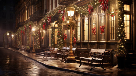 Step into a winter wonderland as you explore the enchanting streets of 1820s New York City during the festive Christmas season. Immerse yourself in the timeless charm of delicate snowflakes, shimmering icicles, and joy-filled people wrapped in holiday cheer. Let the warm glow of candle lamps and exquisite red and gold decorations transport you to a bygone era filled with holiday magic.の素材