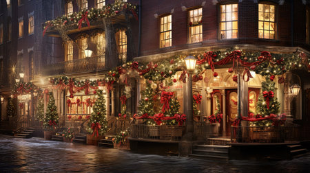 Step into a winter wonderland as you explore the enchanting streets of 1820s New York City during the festive Christmas season. Immerse yourself in the timeless charm of delicate snowflakes, shimmering icicles, and joy-filled people wrapped in holiday cheer. Let the warm glow of candle lamps and exquisite red and gold decorations transport you to a bygone era filled with holiday magic.の素材