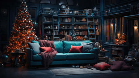 Step into a magical world of Christmas cheer with this exquisitely decorated living room featuring a stunning Christmas tree. Let the intricate details and festive ambiance fill your heart with joy. Perfect for spreading holiday cheerの素材