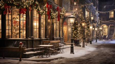 Step into a winter wonderland as you explore the enchanting streets of 1820s New York City during the festive Christmas season. Immerse yourself in the timeless charm of delicate snowflakes, shimmering icicles, and joy-filled people wrapped in holiday cheer. Let the warm glow of candle lamps and exquisite red and gold decorations transport you to a bygone era filled with holiday magic.の素材