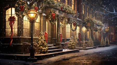 Step into a winter wonderland as you explore the enchanting streets of 1820s New York City during the festive Christmas season. Immerse yourself in the timeless charm of delicate snowflakes, shimmering icicles, and joy-filled people wrapped in holiday cheer. Let the warm glow of candle lamps and exquisite red and gold decorations transport you to a bygone era filled with holiday magic.の素材