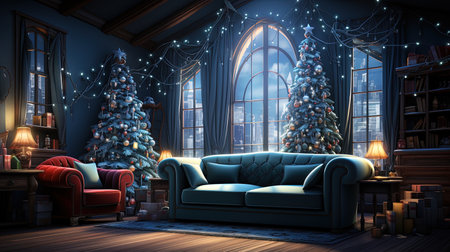 Step into a magical world of Christmas cheer with this exquisitely decorated living room featuring a stunning Christmas tree. Let the intricate details and festive ambiance fill your heart with joy. Perfect for spreading holiday cheerの素材