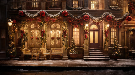 Step into a winter wonderland as you explore the enchanting streets of 1820s New York City during the festive Christmas season. Immerse yourself in the timeless charm of delicate snowflakes, shimmering icicles, and joy-filled people wrapped in holiday cheer. Let the warm glow of candle lamps and exquisite red and gold decorations transport you to a bygone era filled with holiday magic.の素材