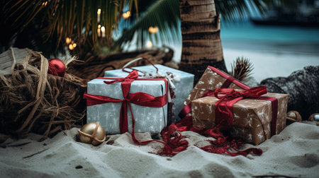 Experience the magic of Christmas on a tropical hot beach, with stunning decorations and beautifully wrapped gifts. Feel the warmth of the holiday season in this unique and vibrant setting. Perfect for spreading joy and cheerの素材