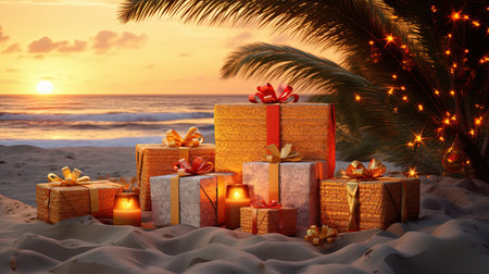 Experience the magic of Christmas on a tropical hot beach, with stunning decorations and beautifully wrapped gifts. Feel the warmth of the holiday season in this unique and vibrant setting. Perfect for spreading joy and cheerの素材