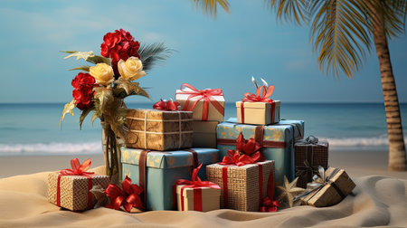 Experience the magic of Christmas on a tropical hot beach, with stunning decorations and beautifully wrapped gifts. Feel the warmth of the holiday season in this unique and vibrant setting. Perfect for spreading joy and cheerの素材