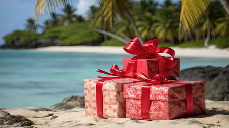Experience the magic of Christmas on a tropical hot beach, with stunning decorations and beautifully wrapped gifts. Feel the warmth of the holiday season in this unique and vibrant setting. Perfect for spreading joy and cheerの素材