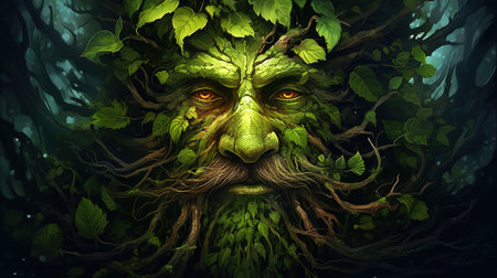 A captivating image depicting a mythical creature deeply connected to mother nature, exuding a sense of mastery over the natural world. Its grass skin blends seamlessly with the lush jungle atmosphere, while dark magical colors add an aura of mystery and intrigue. This visually rich masterpiece is a perfect blend of reality and fantasy, showcasing incredible detail and conceptual artistry. With glowing, cinematic vibes and a wide lens perspective, it's an amazing picture that transports you to a realm where nature and mythology intertwine.の素材