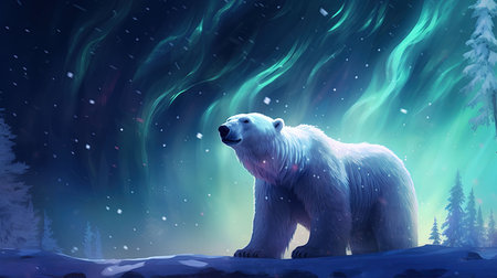 In the midst of a snowstorm, the ethereal aurora shines upon a majestic polar bear, painting the night with a mesmerizing glow. A captivating representation of the harmony between nature's wonders and the resilience of wildlife.の素材