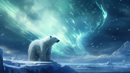 In the midst of a snowstorm, the ethereal aurora shines upon a majestic polar bear, painting the night with a mesmerizing glow. A captivating representation of the harmony between nature's wonders and the resilience of wildlife.の素材