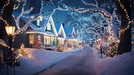 Immerse yourself in the enchanting beauty of a snow-covered village illuminated by mesmerizing Christmas lights, casting a magical glow that will transport you to a bioluminescent winter wonderland.の素材