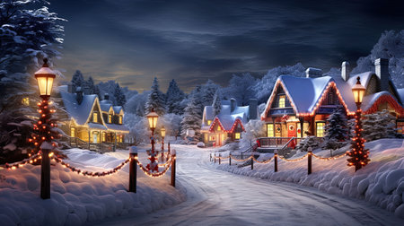 Immerse yourself in the enchanting beauty of a snow-covered village illuminated by mesmerizing Christmas lights, casting a magical glow that will transport you to a bioluminescent winter wonderland.の素材