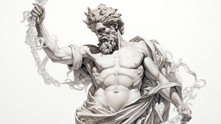 This hyperrealistic tattoo design showcases the god Hermes, known as the messenger of the gods and patron of commerce, thieves, and travelers. His winged sandals and caduceus are prominently featured. The white background emphasizes the intricate details of the design.の素材