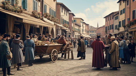 A cinematic digital image of a bustling ancient Roman city during a cloudy day. The image features various buildings, shops, and a temple that perfectly capture the daily life of the people during the Roman Empire.の素材