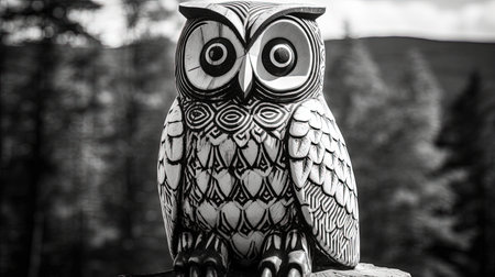 A wooden owl statue stands tall amidst the dense forest, its intricate engravings reminiscent of a bygone era. The black and white pen and ink style adds to the overall rustic charm of the image.の素材