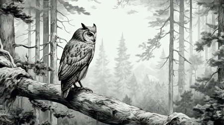 A wooden owl statue stands tall amidst the dense forest, its intricate engravings reminiscent of a bygone era. The black and white pen and ink style adds to the overall rustic charm of the image.の素材