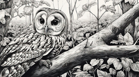 A wooden owl statue stands tall amidst the dense forest, its intricate engravings reminiscent of a bygone era. The black and white pen and ink style adds to the overall rustic charm of the image.の素材