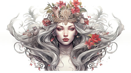 A stunning hyperrealistic tattoo design of Tyche, the Greek goddess of luck and fortune, set against a clean white background. The intricate details and delicate linework showcase the artistry of this piece, capturing the essence of the goddess herself. Perfect for those seeking good fortune and a touch of elegance in their body art.の素材