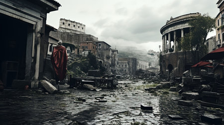 A cinematic digital image of a bustling ancient Roman city during a cloudy day. The image features various buildings, shops, and a temple that perfectly capture the daily life of the people during the Roman Empire.の素材