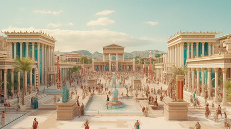 A cinematic digital image of a bustling ancient Roman city during a cloudy day. The image features various buildings, shops, and a temple that perfectly capture the daily life of the people during the Roman Empire.の素材