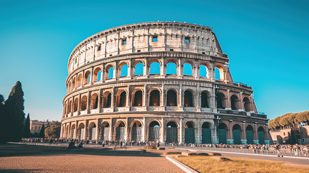 A cinematic digital image of a bustling ancient Roman city during a cloudy day. The image features various buildings, shops, and a temple that perfectly capture the daily life of the people during the Roman Empire.の素材