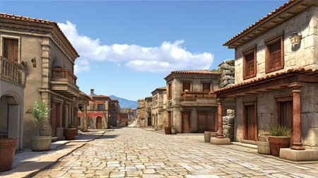 A cinematic digital image of a bustling ancient Roman city during a cloudy day. The image features various buildings, shops, and a temple that perfectly capture the daily life of the people during the Roman Empire.の素材