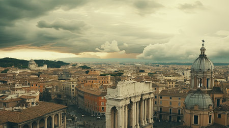 A cinematic digital image of a bustling ancient Roman city during a cloudy day. The image features various buildings, shops, and a temple that perfectly capture the daily life of the people during the Roman Empire.の素材