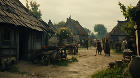 A cinematic digital image of a bustling ancient Roman city during a cloudy day. The image features various buildings, shops, and a temple that perfectly capture the daily life of the people during the Roman Empire.の素材