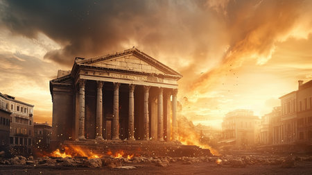 A cinematic digital image of a bustling ancient Roman city during a cloudy day. The image features various buildings, shops, and a temple that perfectly capture the daily life of the people during the Roman Empire.の素材