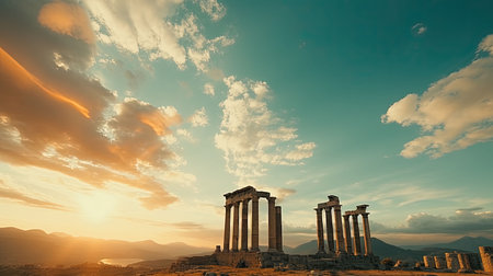 A cinematic digital image of a bustling ancient Roman city during a cloudy day. The image features various buildings, shops, and a temple that perfectly capture the daily life of the people during the Roman Empire.の素材