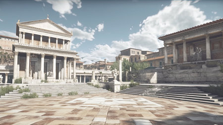 A cinematic digital image of a bustling ancient Roman city during a cloudy day. The image features various buildings, shops, and a temple that perfectly capture the daily life of the people during the Roman Empire.の素材