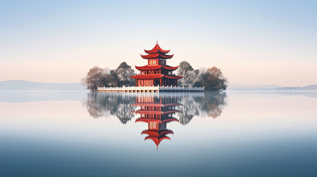Discover peace and harmony in this captivating image of a Chinese lake pagoda. With its symmetrical arrangement and high-angle perspective, it evokes a sense of tranquility and zen. This stunning artwork, captured by Jay Ngopah, showcases the beauty of Chinese tradition and the artistry of Ray Tracing. Immerse yourself in the serene ambiance of this tranquil scene.の素材