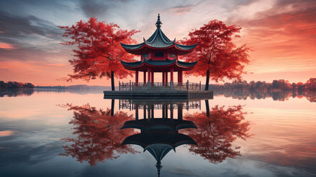 Discover peace and harmony in this captivating image of a Chinese lake pagoda. With its symmetrical arrangement and high-angle perspective, it evokes a sense of tranquility and zen. This stunning artwork, captured by Jay Ngopah, showcases the beauty of Chinese tradition and the artistry of Ray Tracing. Immerse yourself in the serene ambiance of this tranquil scene.の素材