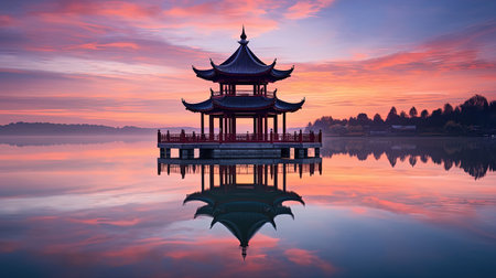 Discover peace and harmony in this captivating image of a Chinese lake pagoda. With its symmetrical arrangement and high-angle perspective, it evokes a sense of tranquility and zen. This stunning artwork, captured by Jay Ngopah, showcases the beauty of Chinese tradition and the artistry of Ray Tracing. Immerse yourself in the serene ambiance of this tranquil scene.の素材