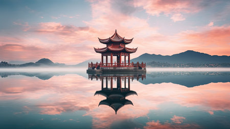 Discover peace and harmony in this captivating image of a Chinese lake pagoda. With its symmetrical arrangement and high-angle perspective, it evokes a sense of tranquility and zen. This stunning artwork, captured by Jay Ngopah, showcases the beauty of Chinese tradition and the artistry of Ray Tracing. Immerse yourself in the serene ambiance of this tranquil scene.の素材