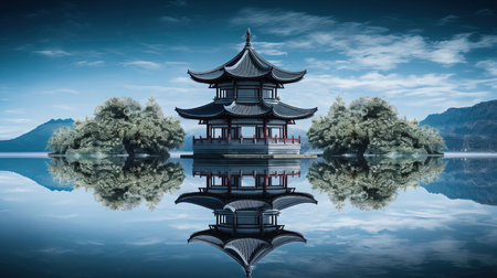 Discover peace and harmony in this captivating image of a Chinese lake pagoda. With its symmetrical arrangement and high-angle perspective, it evokes a sense of tranquility and zen. This stunning artwork, captured by Jay Ngopah, showcases the beauty of Chinese tradition and the artistry of Ray Tracing. Immerse yourself in the serene ambiance of this tranquil scene.の素材