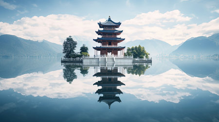 Discover peace and harmony in this captivating image of a Chinese lake pagoda. With its symmetrical arrangement and high-angle perspective, it evokes a sense of tranquility and zen. This stunning artwork, captured by Jay Ngopah, showcases the beauty of Chinese tradition and the artistry of Ray Tracing. Immerse yourself in the serene ambiance of this tranquil scene.の素材