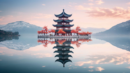 Discover peace and harmony in this captivating image of a Chinese lake pagoda. With its symmetrical arrangement and high-angle perspective, it evokes a sense of tranquility and zen. This stunning artwork, captured by Jay Ngopah, showcases the beauty of Chinese tradition and the artistry of Ray Tracing. Immerse yourself in the serene ambiance of this tranquil scene.の素材