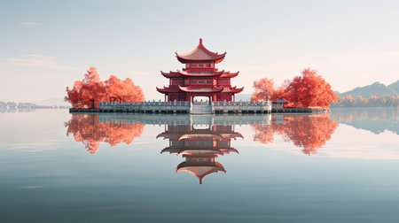 Discover peace and harmony in this captivating image of a Chinese lake pagoda. With its symmetrical arrangement and high-angle perspective, it evokes a sense of tranquility and zen. This stunning artwork, captured by Jay Ngopah, showcases the beauty of Chinese tradition and the artistry of Ray Tracing. Immerse yourself in the serene ambiance of this tranquil scene.の素材